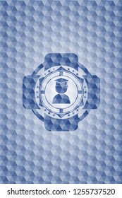 graduation icon inside blue badge with geometric pattern.