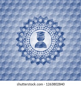 graduation icon inside blue badge with geometric pattern.