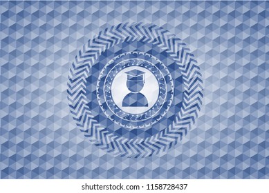 graduation icon inside blue emblem or badge with abstract geometric polygonal pattern background.