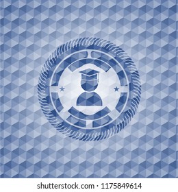 graduation icon inside blue emblem with geometric pattern.