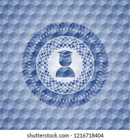 graduation icon inside blue emblem with geometric pattern.