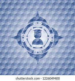 graduation icon inside blue emblem with geometric pattern.