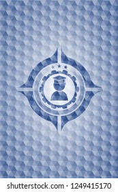 graduation icon inside blue emblem with geometric background.