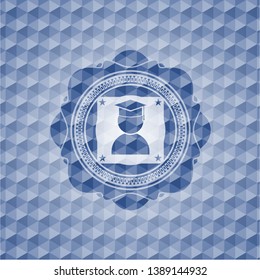 graduation icon inside blue emblem with geometric pattern background.