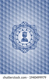 graduation icon inside blue emblem or badge with geometric pattern background. 
