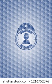 graduation icon inside blue polygonal emblem.