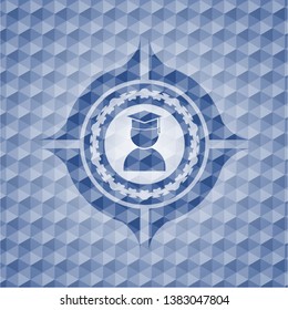 graduation icon inside blue polygonal emblem.