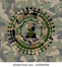 graduation icon inside camouflaged emblem