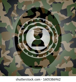 graduation icon inside camouflaged emblem