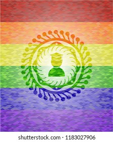 graduation icon inside emblem on mosaic background with the colors of the LGBT flag