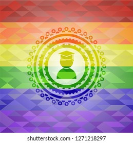 graduation icon inside emblem on mosaic background with the colors of the LGBT flag