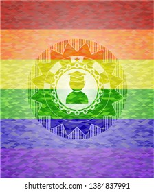 graduation icon inside emblem on mosaic background with the colors of the LGBT flag