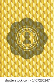 graduation icon inside gold shiny badge. Scales pattern. Vector Illustration. Detailed.