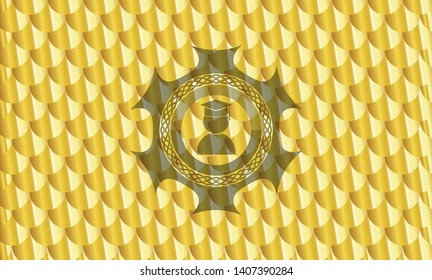graduation icon inside gold shiny badge. Scales pattern. Vector Illustration. Detailed.