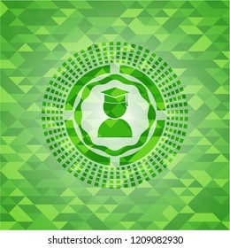 graduation icon inside green emblem with triangle mosaic background