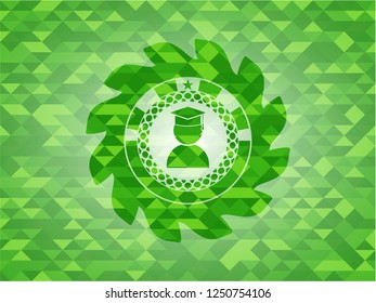 graduation icon inside green emblem with mosaic background