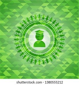 graduation icon inside green emblem with triangle mosaic background