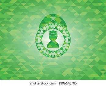 graduation icon inside green emblem with triangle mosaic background