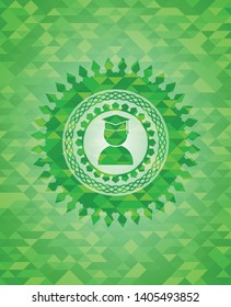 graduation icon inside green emblem with mosaic ecological style background