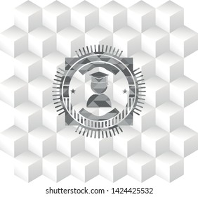 graduation icon inside grey badge with geometric cube white background
