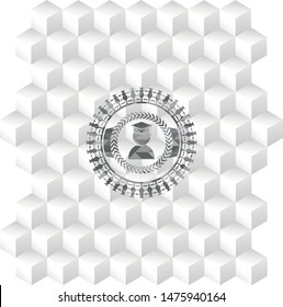 graduation icon inside grey badge with geometric cube white background