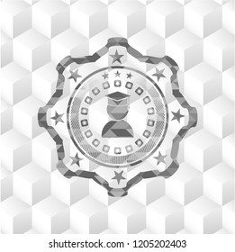 graduation icon inside grey emblem. Retro with geometric cube white background
