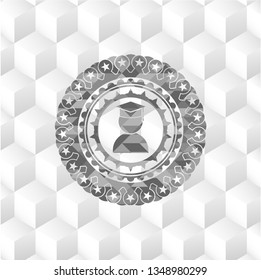 graduation icon inside grey emblem. Vintage with geometric cube white background