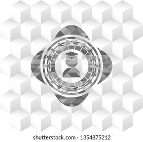 graduation icon inside grey icon or emblem with geometric cube white background