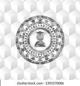 graduation icon inside grey emblem with geometric cube white background