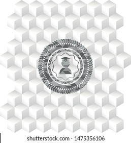 graduation icon inside grey emblem. Retro with geometric cube white background