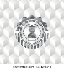 graduation icon inside grey emblem with cube white background