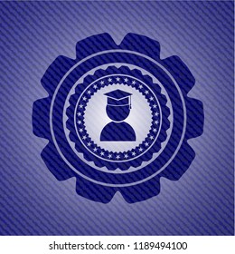 graduation icon inside jean or denim emblem or badge background