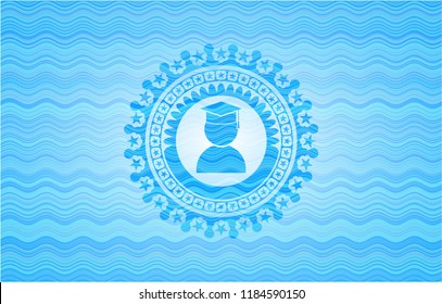 graduation icon inside light blue water badge background.