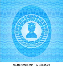 graduation icon inside light blue water style badge.