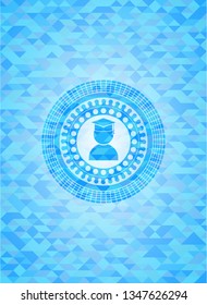 graduation icon inside light blue mosaic emblem