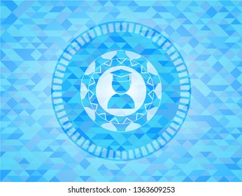 graduation icon inside light blue emblem with mosaic background