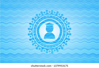 graduation icon inside light blue water style badge.