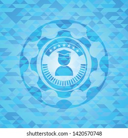 graduation icon inside light blue mosaic emblem