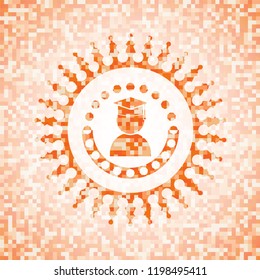 graduation icon inside orange tile background illustration. Square geometric mosaic seamless pattern with emblem inside.