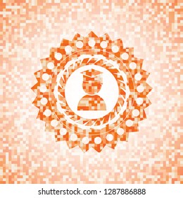 graduation icon inside orange tile background illustration. Square geometric mosaic seamless pattern with emblem inside.