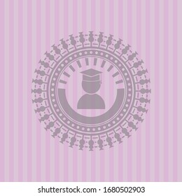 graduation icon inside pink emblem. Retro