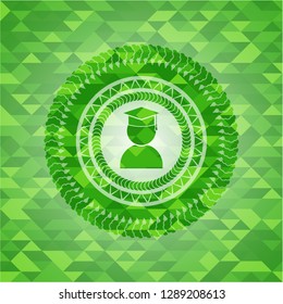 graduation icon inside realistic green emblem. Mosaic background