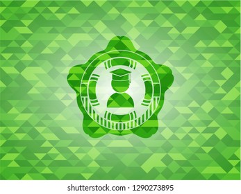 graduation icon inside realistic green mosaic emblem