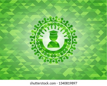 graduation icon inside realistic green mosaic emblem