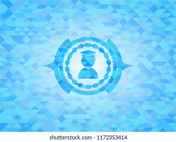 graduation icon inside realistic light blue emblem. Mosaic background