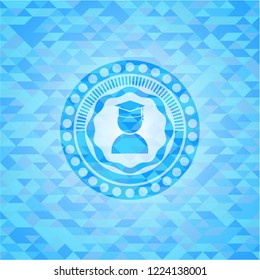 graduation icon inside realistic light blue mosaic emblem