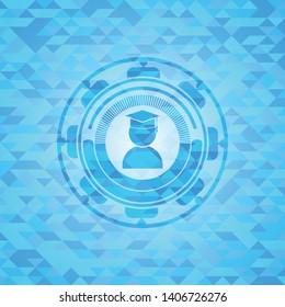 graduation icon inside realistic light blue mosaic emblem