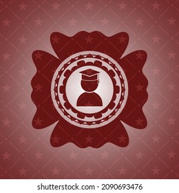 icono de graduación dentro de un emblema rojo realista. 