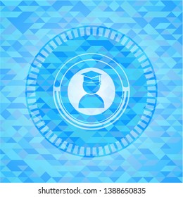 graduation icon inside realistic sky blue emblem. Mosaic background