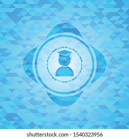 graduation icon inside realistic sky blue emblem. Mosaic background